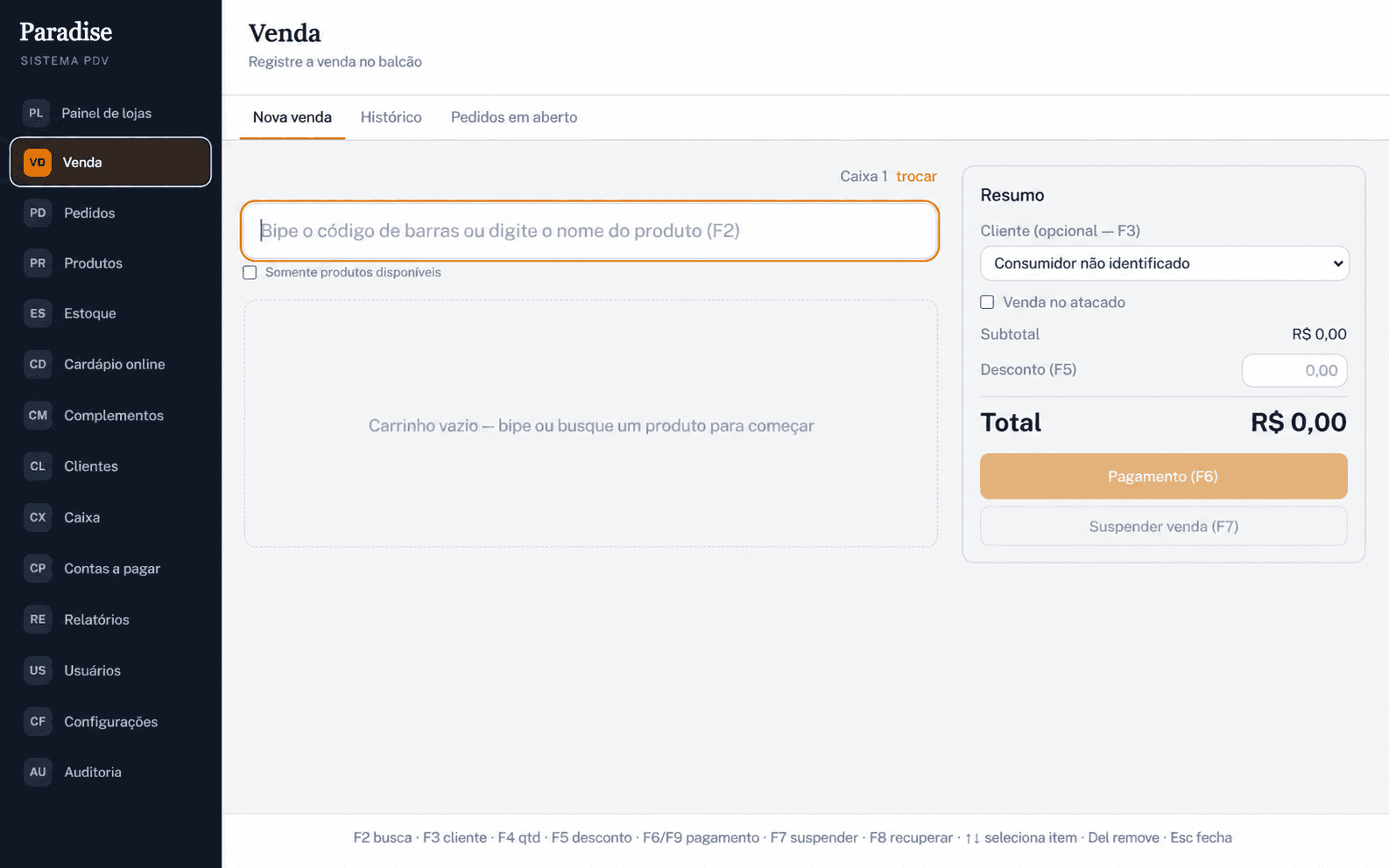 Composição da tela de venda do PDV, com navegação lateral, busca de produtos e resumo de pagamento