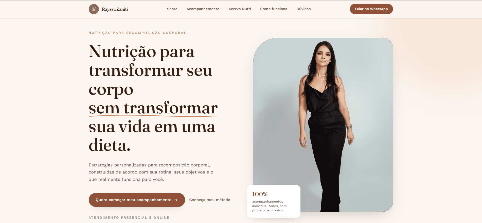 Página inicial de Rayssa Zaniti com apresentação da nutricionista e chamada para acompanhamento